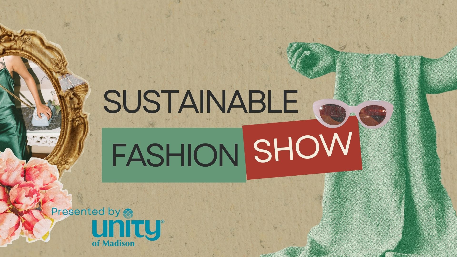 Sustainable Fashion Show logo with recycled materials, pink flowers, and sunglasses